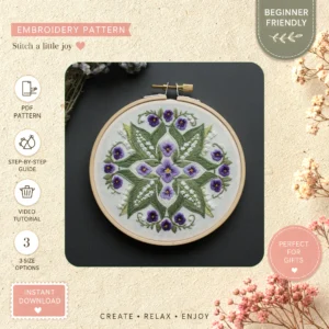 Main preview of elegant purple floral vibrant hand embroidery pattern showing flowers, floral, leaves, and home in a hand stitched hoop art design