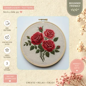 Main preview of elegant red rose stunning hand embroidery pattern showing rose, roses, and leaves in a hand stitched hoop art design
