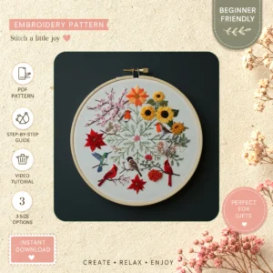 Main preview of elegant spring floral nature hand embroidery pattern showing birds, flowers, floral, pansies, and foliage in a hand stitched hoop art design