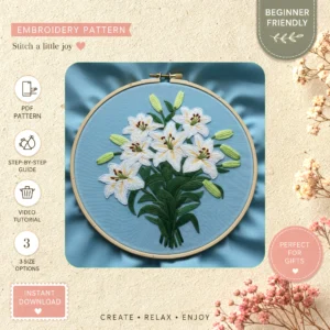 Main preview of elegant spring flower bouquet hand embroidery pattern showing flower, flowers, floral, bouquet, and nature in a hand stitched hoop art design
