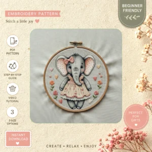 Main preview of elephant playful dressed pink hand embroidery pattern showing elephant, flowers, roses, leaves, and home in a hand stitched hoop art design