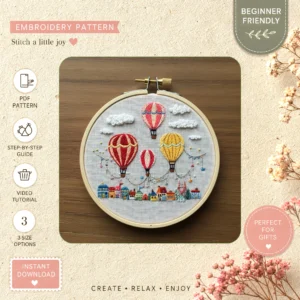 Main preview of elevated dreams aerial adventure hand embroidery pattern showing sky in a hand stitched hoop art design