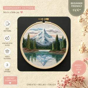 Main preview of elevated nature majestic mountain hand embroidery pattern showing mountain, landscape, meadow, lake, and nature in a hand stitched hoop art design