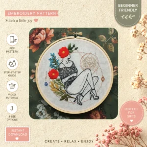 Main preview of embroidered floral free variety hand embroidery pattern showing floral and roses in a hand stitched hoop art design