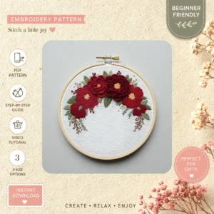 Main preview of embroidered flower wreath elegant hand embroidery pattern showing flower, floral, wreath, nature, and home in a hand stitched hoop art design