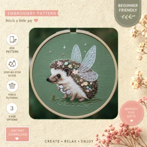 Main preview of enchanted hedgehog whimsical winged hand embroidery pattern showing hedgehog, flowers, floral, and nature in a hand stitched hoop art design