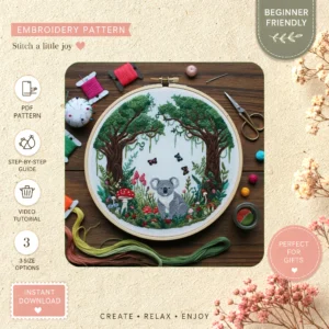 Main preview of enchanting cottage forest serene hand embroidery pattern showing birds, forest, and cottage in a hand stitched hoop art design