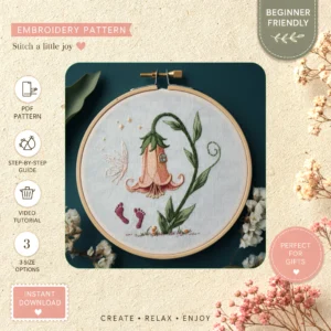 Main preview of enchanting nature delicate butterflies hand embroidery pattern showing butterfly, butterflies, flowers, foliage, and cottage in a hand stitched hoop art design