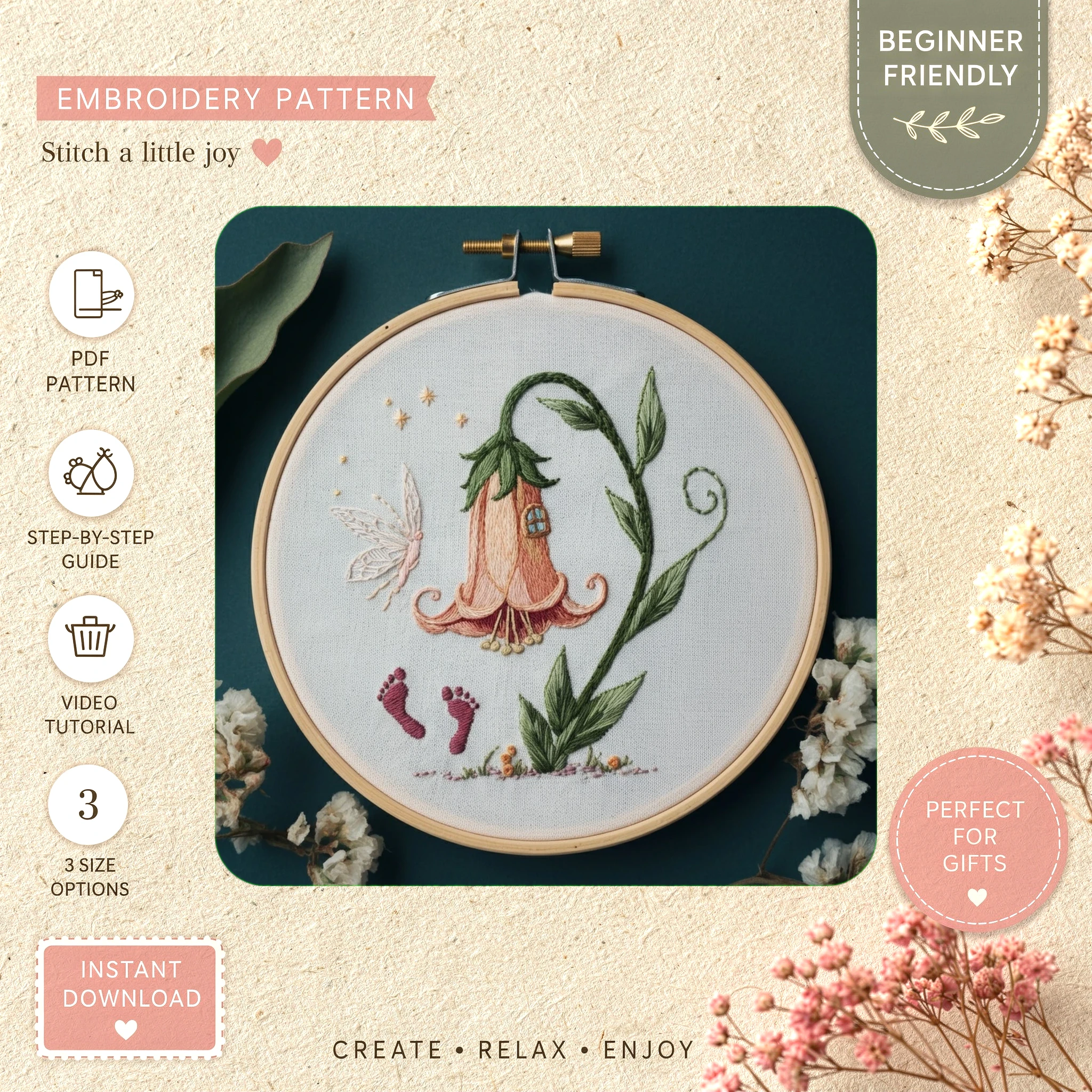 Main preview of enchanting nature delicate butterflies hand embroidery pattern showing butterfly, butterflies, flowers, foliage, and cottage in a hand stitched hoop art design