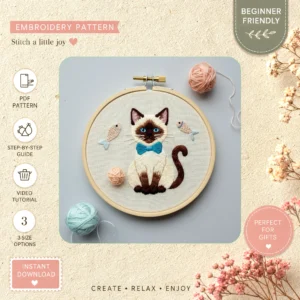 Main preview of endearing cat fish flower hand embroidery pattern showing cat, fish, flower, flowers, and nature in a hand stitched hoop art design