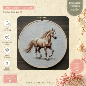 Main preview of equestrian gorgeous horse recreate hand embroidery pattern showing horse, nature, and home in a hand stitched hoop art design