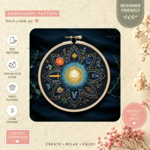 Main preview of ethereal dreamy cosmic flower hand embroidery pattern showing flower, moon, stars, and planets in a hand stitched hoop art design