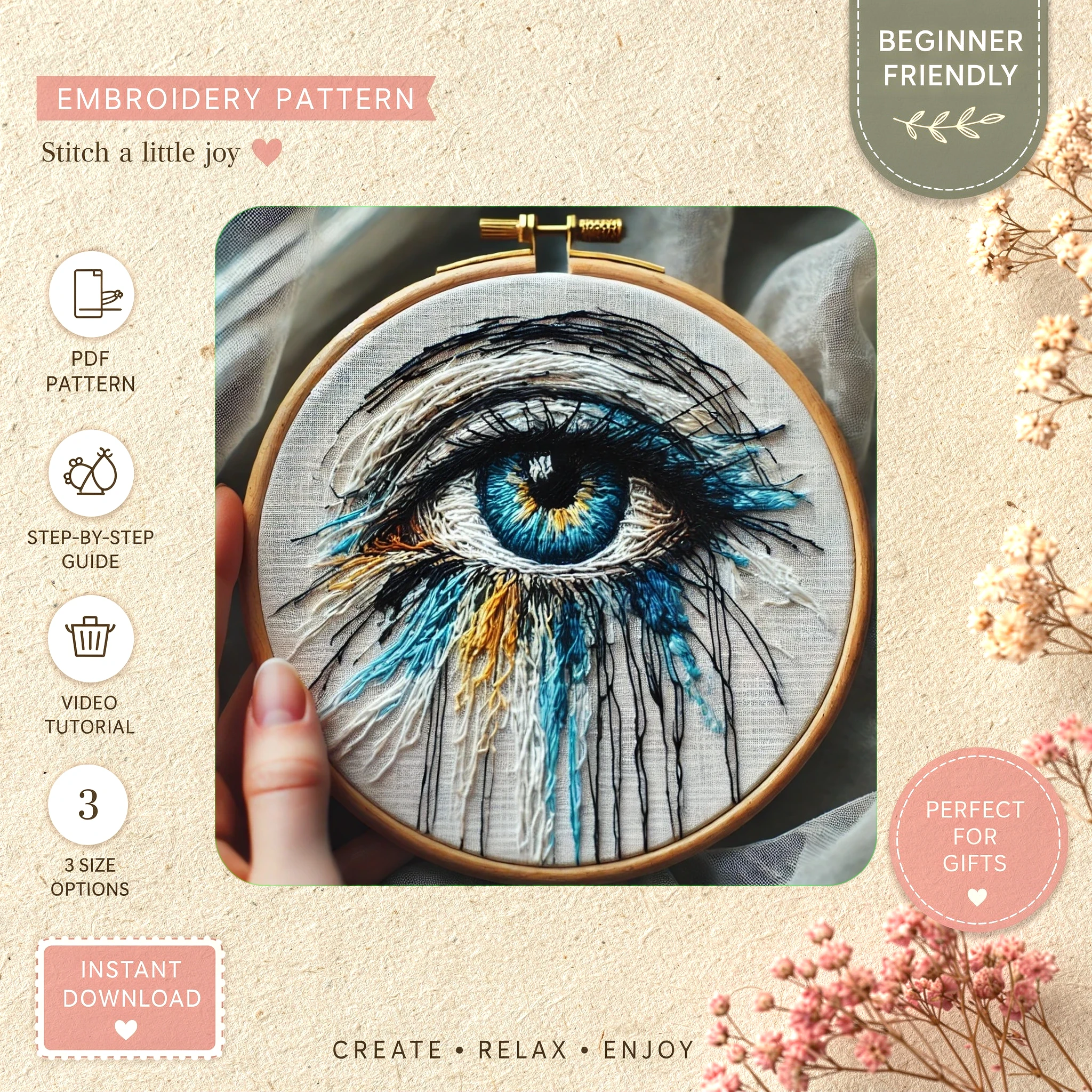 Main preview of eye flower needlepoint elegant hand embroidery pattern showing flower and floral in a hand stitched hoop art design