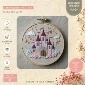 Main preview of fairy tale castle flying hand embroidery pattern showing birds, trees, hill, sky, and clouds in a hand stitched hoop art design