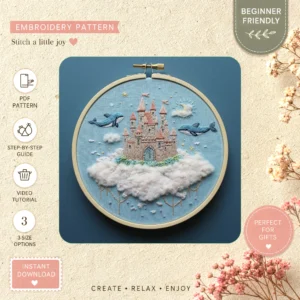 Main preview of fairy tale magical castle hand embroidery pattern showing birds, cloud, clouds, and castle in a hand stitched hoop art design