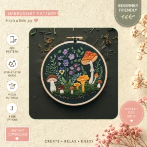 Main preview of fairy tale mushroom magical hand embroidery pattern showing butterflies, flowers, and floral in a hand stitched hoop art design