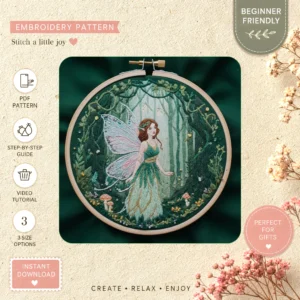 Main preview of fairy tale tinkerbell enchanted hand embroidery pattern showing forest, woodland, trees, and home in a hand stitched hoop art design