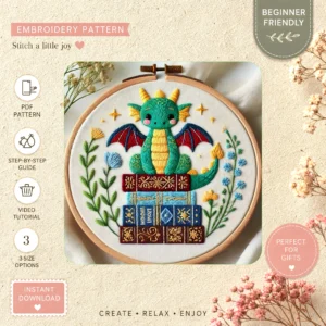 Main preview of fantasy creature dragon friends hand embroidery pattern showing unicorn, sky, home, and castle in a hand stitched hoop art design