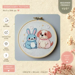 Main preview of fantasy friends whimsical dog hand embroidery pattern showing dog, bunny, and home in a hand stitched hoop art design