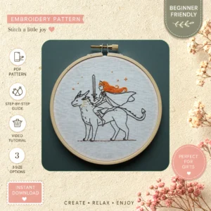 Main preview of fantasy horse rider adventure hand embroidery pattern showing horse, nature, and home in a hand stitched hoop art design