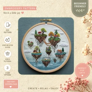Main preview of fantasy landscape whimsical tree hand embroidery pattern showing landscape, river, tree, cottage, and bridge in a hand stitched hoop art design