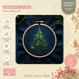 Main preview of festive christmas tree enjoy hand embroidery pattern showing tree and home in a hand stitched hoop art design
