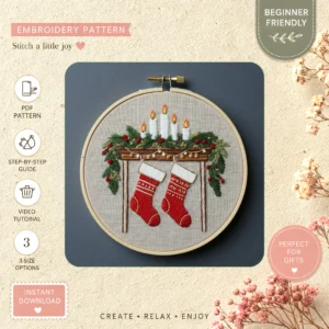 Main preview of festive holiday mantel stockings hand embroidery pattern showing wreath in a hand stitched hoop art design