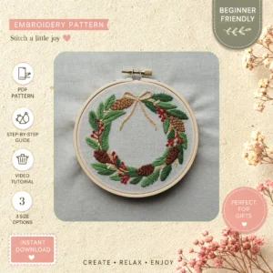 Main preview of festive wreath holiday decoration hand embroidery pattern showing wreath and home in a hand stitched hoop art design