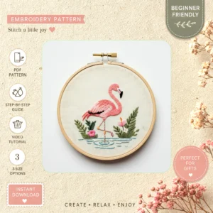 Main preview of flamingo nature flamingos flowers hand embroidery pattern showing flamingo, flowers, leaves, and nature in a hand stitched hoop art design