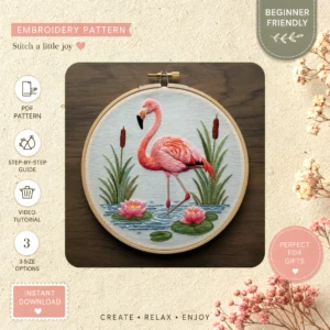 Main preview of flamingo vivid lily pads hand embroidery pattern showing flamingo, flowers, and lily in a hand stitched hoop art design