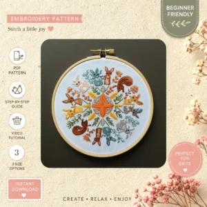 Main preview of floral animal cozy bunny hand embroidery pattern showing birds, bunny, flowers, and floral in a hand stitched hoop art design