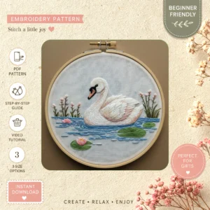 Main preview of floral animal swan lily hand embroidery pattern showing swan, flowers, floral, lily, and garden in a hand stitched hoop art design