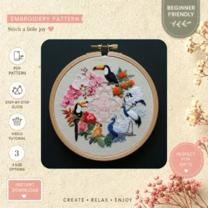 Main preview of floral birds nature inspired hand embroidery pattern showing birds, flowers, floral, and nature in a hand stitched hoop art design
