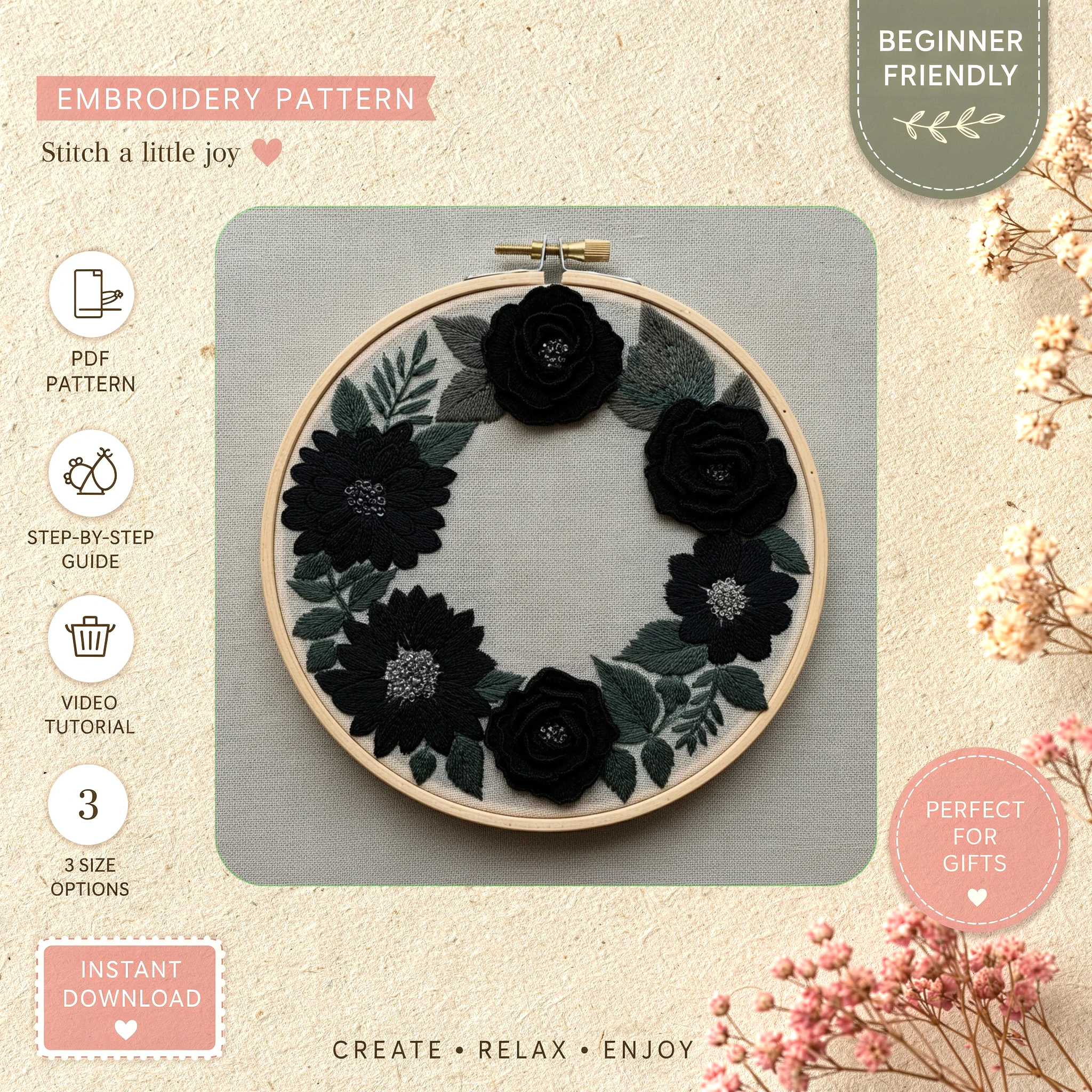 Main preview of floral black flowers leaves hand embroidery pattern showing flowers, floral, leaves, and nature in a hand stitched hoop art design