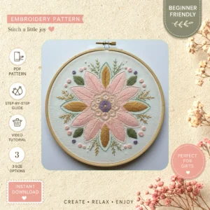 Main preview of floral blossoms leaves stunning hand embroidery pattern showing floral, blossoms, leaves, and nature in a hand stitched hoop art design