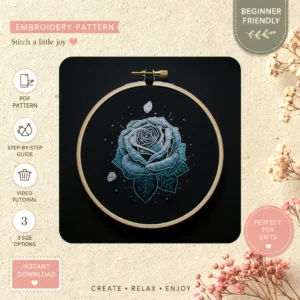 Main preview of floral blue rose elegant hand embroidery pattern showing floral, rose, and nature in a hand stitched hoop art design