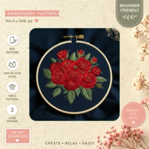 Main preview of floral bouquet beautifully embroidered hand embroidery pattern showing floral, bouquet, roses, and leaves in a hand stitched hoop art design