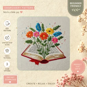 Main preview of floral bouquet book cover hand embroidery pattern showing floral, bouquet, and nature in a hand stitched hoop art design