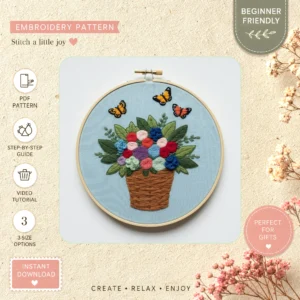 Main preview of floral bouquet butterfly nature hand embroidery pattern showing butterfly, butterflies, flowers, floral, and bouquet in a hand stitched hoop art design