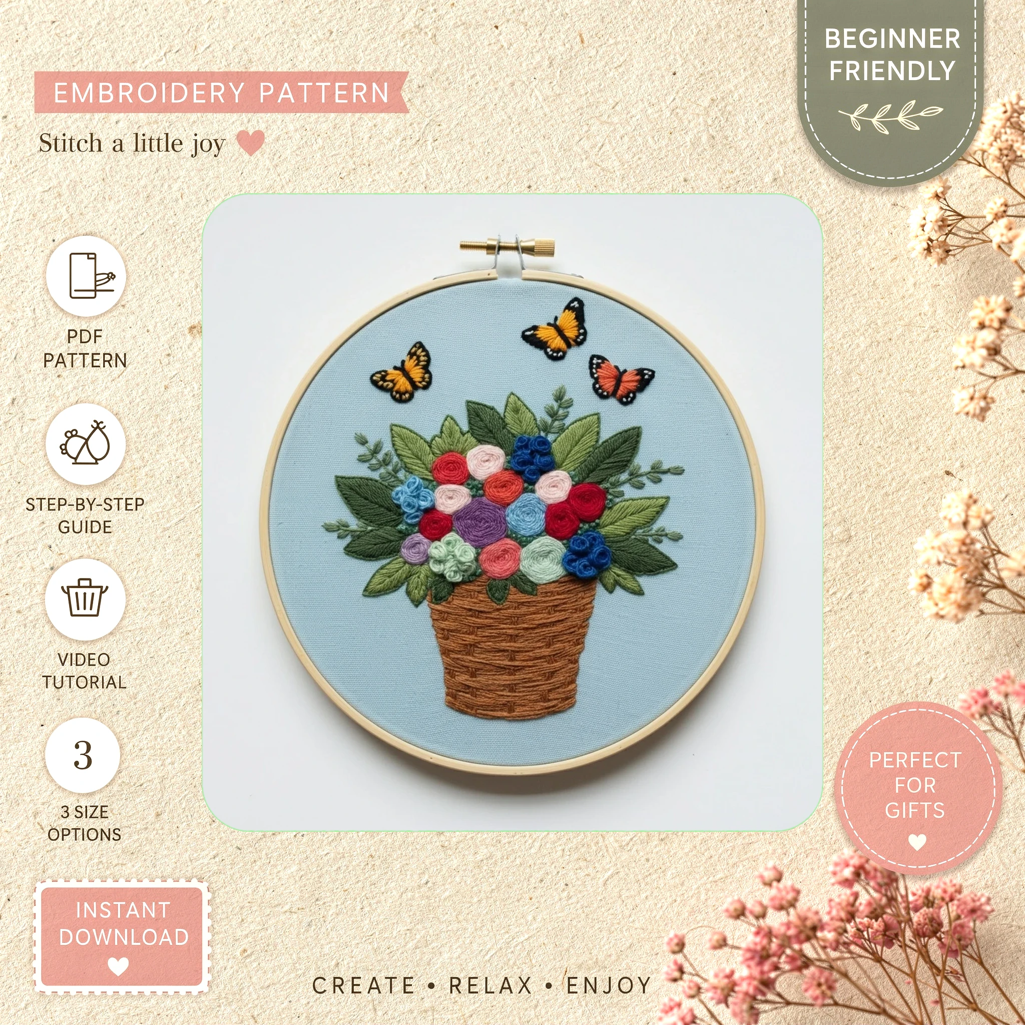 Main preview of floral bouquet butterfly nature hand embroidery pattern showing butterfly, butterflies, flowers, floral, and bouquet in a hand stitched hoop art design