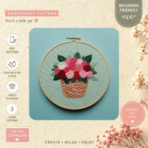 Main preview of floral bouquet various flower hand embroidery pattern showing flower, floral, bouquet, and leaves in a hand stitched hoop art design