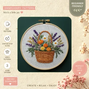 Main preview of floral bouquet vibrant woven hand embroidery pattern showing floral, bouquet, nature, and home in a hand stitched hoop art design