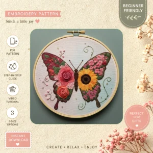 Main preview of floral butterfly nature inspired hand embroidery pattern showing butterfly, flowers, floral, and nature in a hand stitched hoop art design