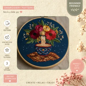 Main preview of floral candle elegance will hand embroidery pattern showing floral and home in a hand stitched hoop art design
