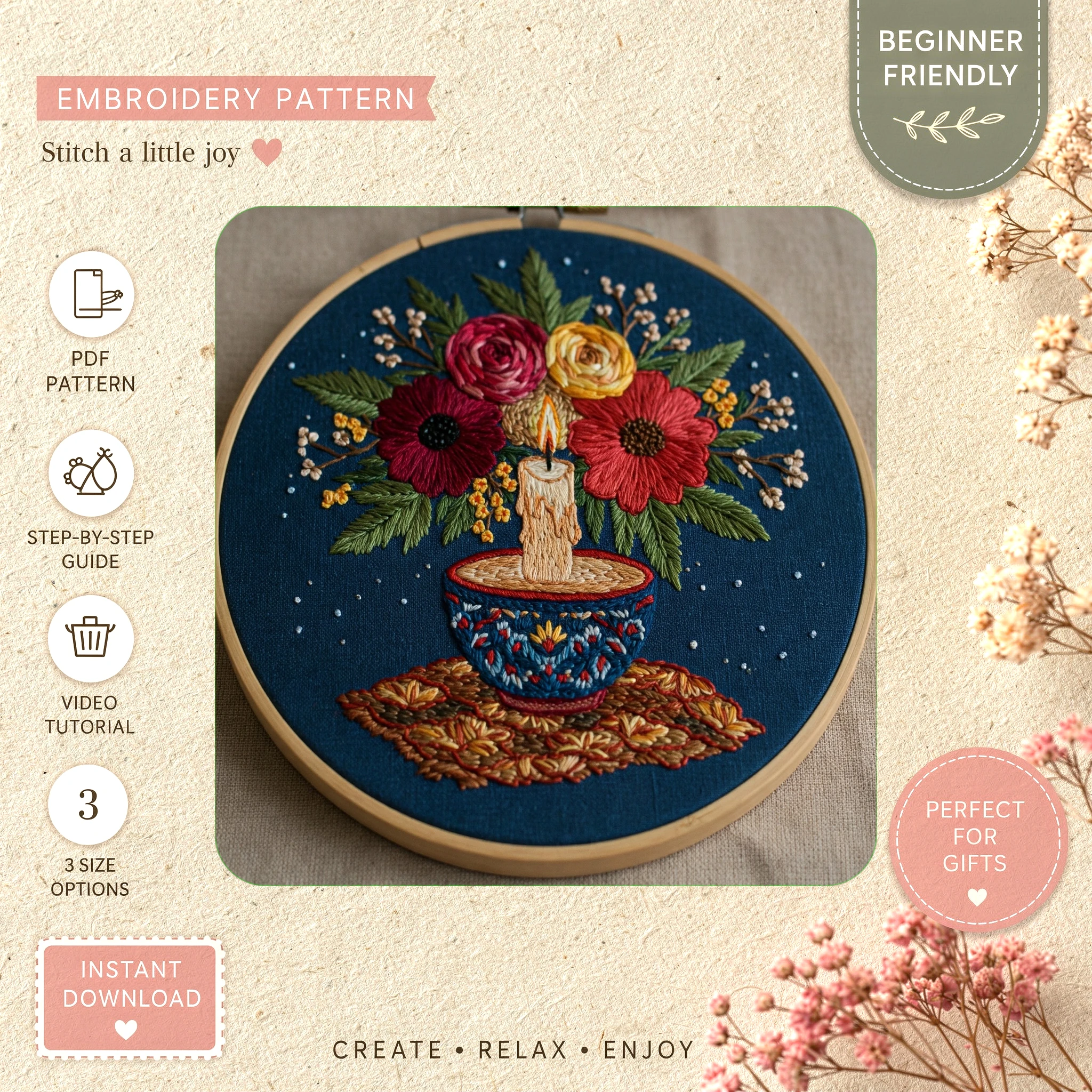 Main preview of floral candle elegance will hand embroidery pattern showing floral and home in a hand stitched hoop art design