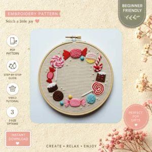 Main preview of floral candy wall hanging hand embroidery pattern showing flowers and floral in a hand stitched hoop art design