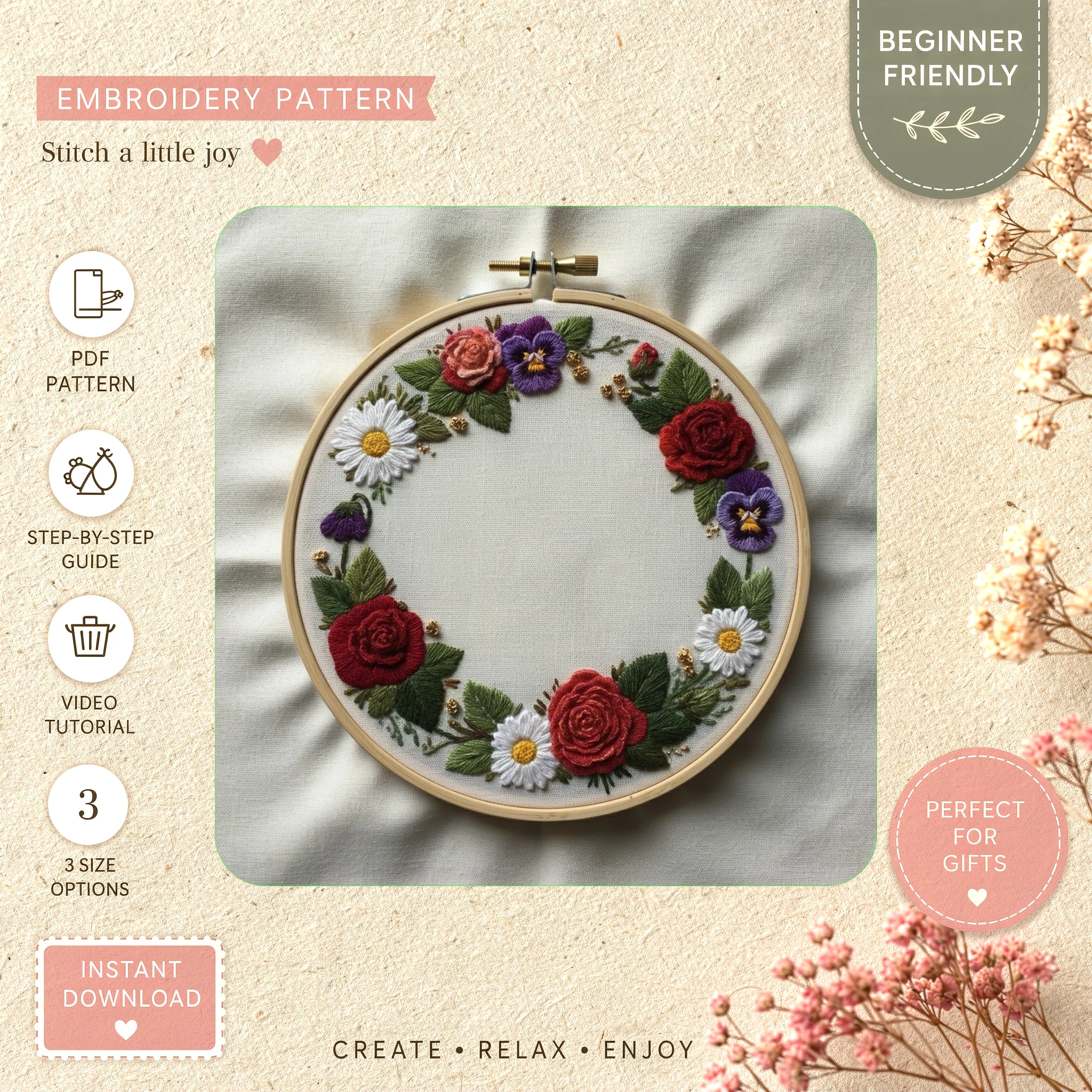 Main preview of floral circle nature inspired hand embroidery pattern showing flowers, floral, nature, and home in a hand stitched hoop art design