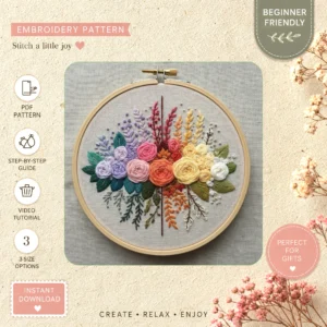 Main preview of floral colorful flowers green hand embroidery pattern showing flowers, floral, leaves, and home in a hand stitched hoop art design