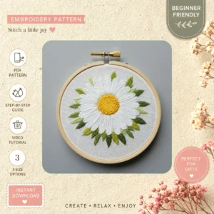 Main preview of floral cozy daisies leaves hand embroidery pattern showing flower, floral, daisies, and leaves in a hand stitched hoop art design
