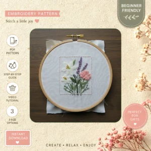 Main preview of floral delicate nature inspired hand embroidery pattern showing flowers, floral, bouquet, lilies, and nature in a hand stitched hoop art design